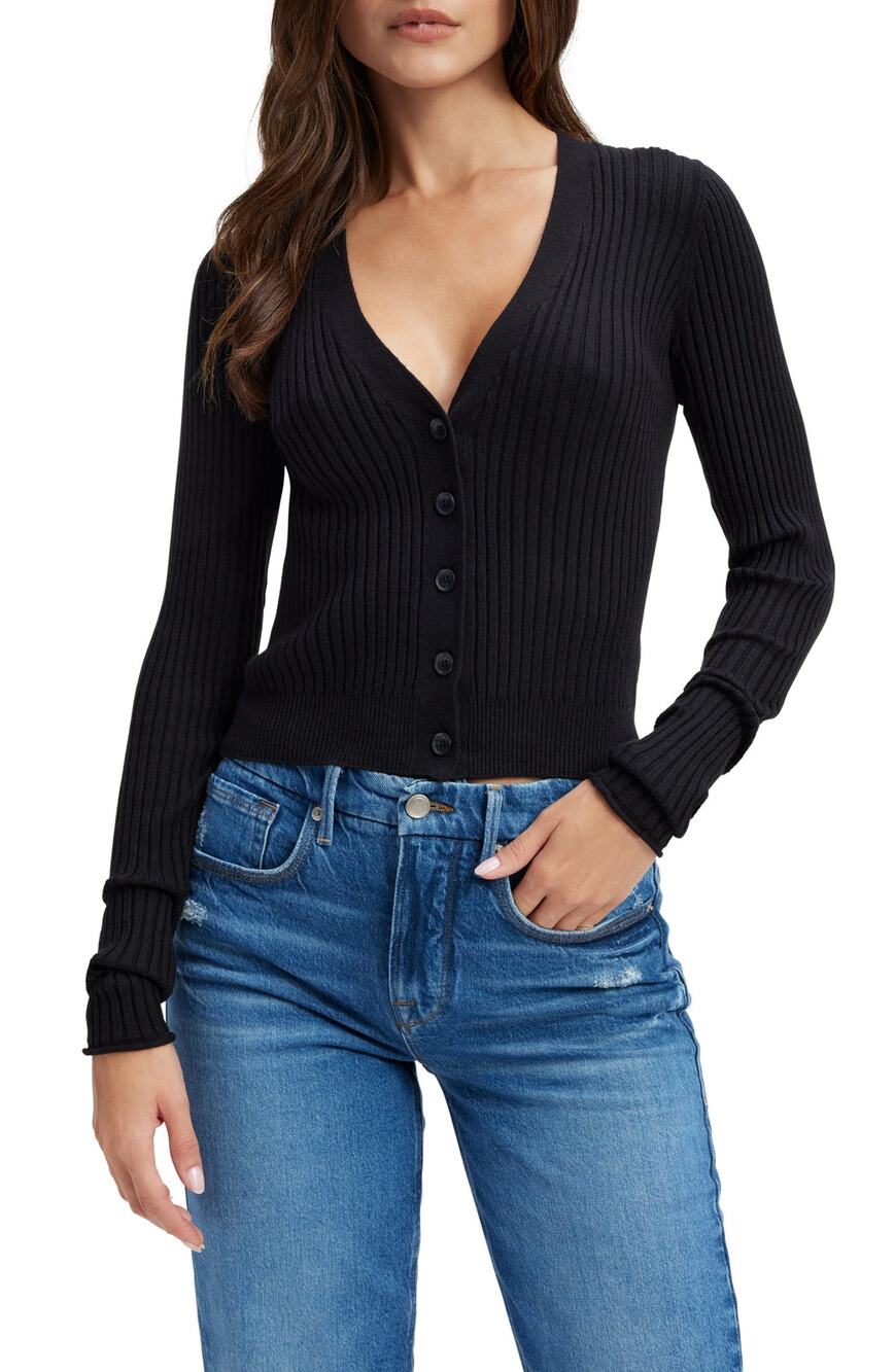 Good American Cozy Black Rib Crop Cardigan Size 1
